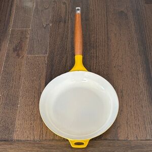 Vintage Copco?Denmark enameled cast iron skillet, 10”, teak handle, yellow, MCM